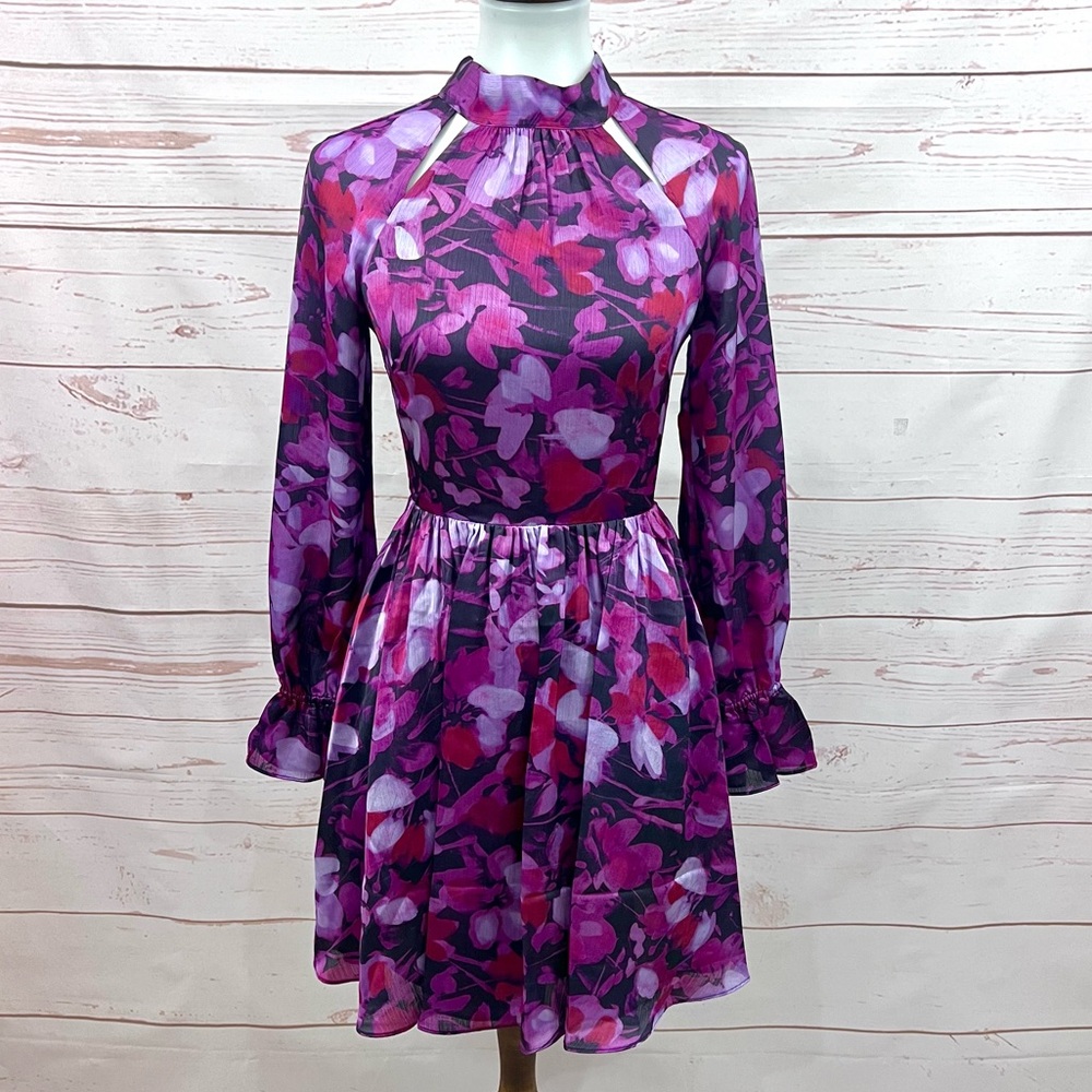 NWT Ted Baker Sammieh Purple Floral Long Sleeve Keyhole High Neck Flare Dress